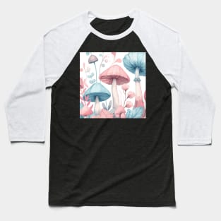 Pink and Sky Blue Mushroom Pattern on White Baseball T-Shirt